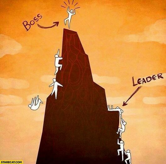 A mountain, with a boss on top and a leader half way up, helping many others climb the mountain